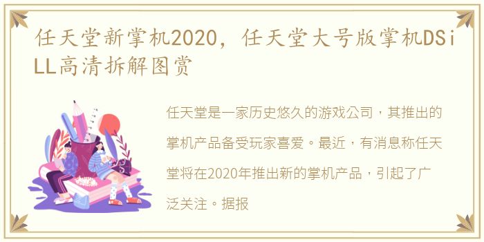 任天堂新掌机2020，任天堂大号版掌机DSiLL高清拆解图赏